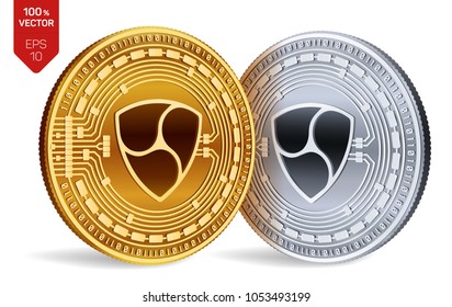 Nem. Crypto currency. 3D isometric Physical coins. Digital currency. Golden and silver coins with nem symbol isolated on white background. Vector illustration.