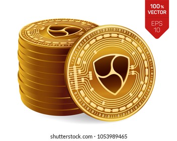 NEM. Crypto currency. 3D isometric Physical coins. Digital currency. Stack of golden coins with NEM symbol isolated on white background. Stock vector illustration.