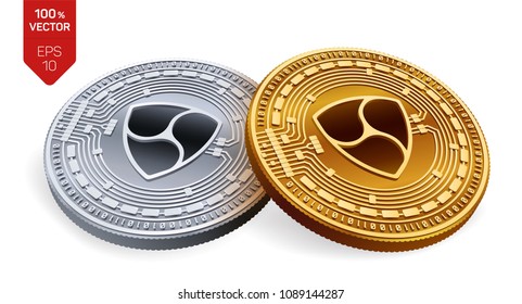 Nem. Crypto currency. 3D isometric Physical coins. Digital currency. Golden and silver coins with nem symbol isolated on white background. Vector illustration.