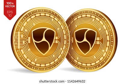 Nem. Crypto currency. 3D isometric Physical coins. Digital currency. Golden coins with nem symbol isolated on white background. Vector illustration.