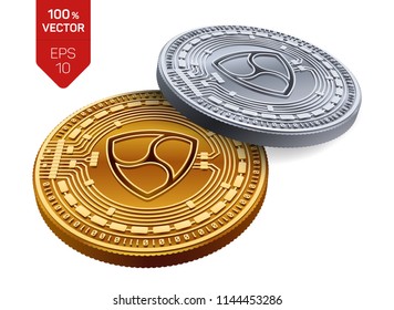 Nem. Crypto currency. 3D isometric Physical coins. Digital currency. Golden and silver coins with nem symbol isolated on white background. Vector illustration.