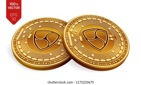 Nem. Crypto currency. 3D isometric Physical coins. Digital currency. Golden coins with nem symbol isolated on white background. Vector illustration.