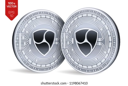 Nem. Crypto currency. 3D isometric Physical coins. Digital currency. Silver coins with nem symbol isolated on white background. Vector illustration.