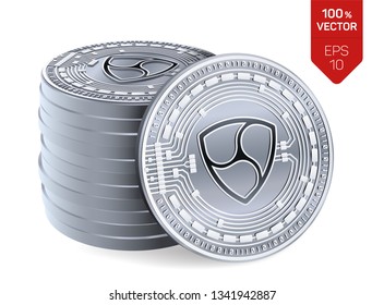 Nem. Crypto currency. 3D isometric Physical coins. Digital currency. Stack of silver coins with Nem symbol isolated on white background. Stock vector illustration.