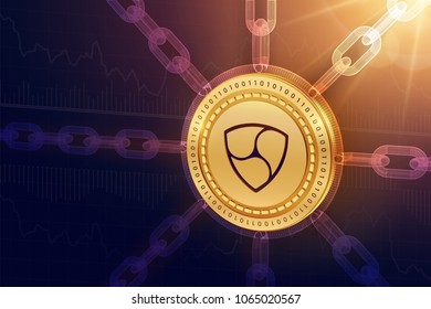Nem. Crypto currency. Block chain. 3D isometric Physical Nem coin with wireframe chain. Blockchain concept. Editable Cryptocurrency template. Stock vector illustration.