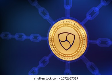 Nem. Crypto currency. Block chain. 3D isometric Physical Nem coin with wireframe chain. Blockchain concept. Editable Cryptocurrency template. Stock vector illustration.