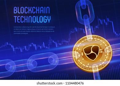 Nem. Crypto currency. Block chain. 3D isometric Physical golden Nem coin with wireframe chain on blue financial background. Blockchain concept. Editable Cryptocurrency template. Vector illustration.
