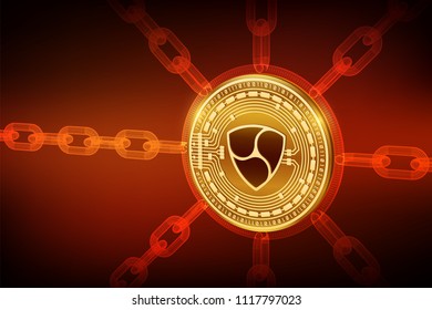 Nem. Crypto currency. Block chain. 3D isometric Physical Nem coin with wireframe chain. Blockchain concept. Editable Cryptocurrency template. Stock vector illustration.