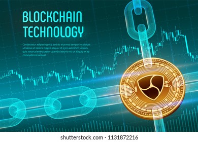 Nem. Crypto currency. Block chain. 3D isometric Physical golden Nem coin with wireframe chain on blue financial background. Blockchain concept. Editable Cryptocurrency template. Vector illustration.