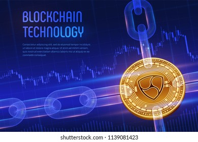 Nem. Crypto currency. Block chain. 3D isometric Physical golden Nem coin with wireframe chain on blue financial background. Blockchain concept. Editable Cryptocurrency template. Vector illustration.