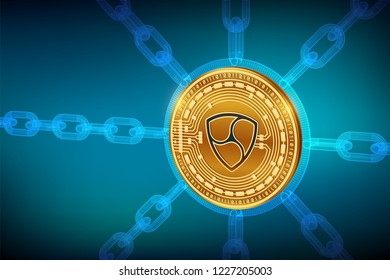 Nem. Crypto currency. Block chain. 3D isometric Physical Nem coin with wireframe chain. Blockchain concept. Editable Cryptocurrency template. Stock vector illustration.