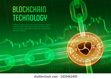 Nem. Crypto currency. Block chain. 3D isometric Physical golden Nem coin with wireframe chain on blue financial background. Blockchain concept. Editable Cryptocurrency template. Vector illustration.