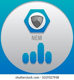 Nem. Crypto currency sign emblem with a bar graph. Use for logos, print products, page, design web site and mobile app. Vector illustration.