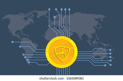 nem cryptocurrency brand icon option with golden coin and electronic point with world map background