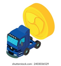 Nem Kryptowährung Symbol isometrische Vektorgrafik. Große Goldmünze in der Nähe von LKW-Symbol. Digitales Geld, Kryptowährungskonzept