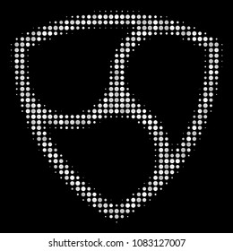 Nem currency halftone vector icon. Illustration style is pixel iconic nem currency symbol on a black background. Halftone structure is constructed from spheric blots.