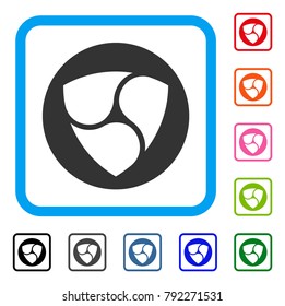 Nem Currency icon. Flat gray pictogram symbol in a blue rounded frame. Black, gray, green, blue, red, orange color variants of nem currency vector. Designed for web and software interfaces.