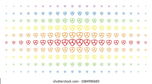 Nem currency icon rainbow colored halftone pattern. Vector nem currency pictograms are organized into halftone grid with vertical spectral gradient. Constructed for backgrounds, covers,