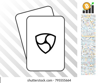 Nem Currency playing cards icon with 700 bonus bitcoin mining and blockchain images. Flat vector clipart for gambling and cryptocurrency software.