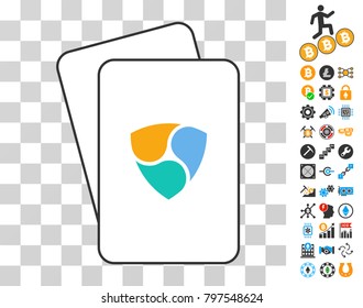 Nem Currency playing cards pictogram with bonus bitcoin mining and blockchain pictographs. Flat vector pictograms for blockchain apps.