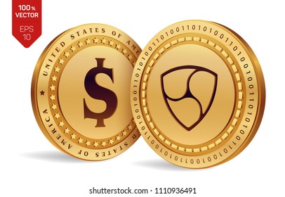 Nem. Dollar coin. 3D isometric Physical coins. Digital currency. Cryptocurrency. Golden coins with Nem and Dollar symbol isolated on white background. Vector illustration.