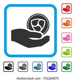 Nem Donation Hand icon. Flat grey pictogram symbol inside a blue rounded squared frame. Black, gray, green, blue, red, pink color versions of nem donation hand vector.