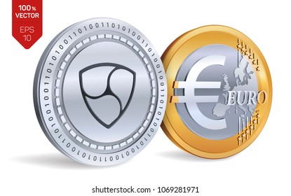 Nem. Euro Coin. 3D isometric Physical coins. Digital currency. Cryptocurrency. Golden and silver coins with Nem and Euro symbol isolated on white background. Vector illustration.