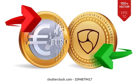 Nem to Euro currency exchange. Nem. Euro coin. Cryptocurrency. Golden coins with Nem and Euro symbol with green and red arrows. 3D isometric Physical coins. Vector illustration.