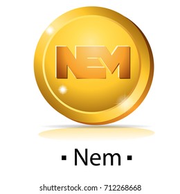 Nem. Gold coin with cryptocurrency logo. Vector illustration isolated on white background.