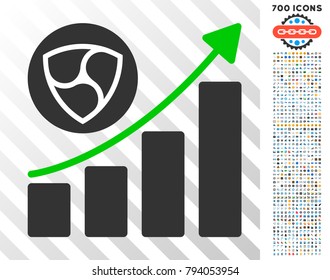 Nem Growing Chart pictograph with 7 hundred bonus bitcoin mining and blockchain symbols. Vector illustration style is flat iconic symbols design for cryptocurrency websites.