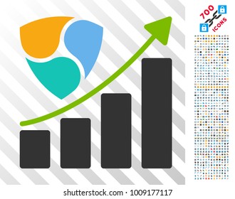 Nem Growth Chart pictograph with 700 bonus bitcoin mining and blockchain pictures. Vector illustration style is flat iconic symbols designed for crypto currency apps.