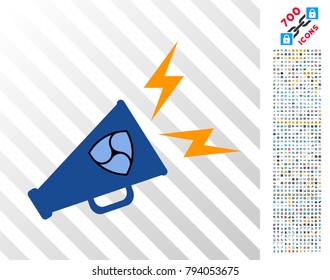 Nem Megaphone Alert icon with 7 hundred bonus bitcoin mining and blockchain pictographs. Vector illustration style is flat iconic symbols design for crypto currency apps.