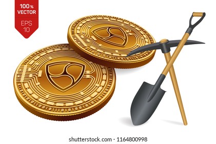 Nem mining concept. 3D isometric Physical bit coin with pickaxe and shovel. Digital currency. Cryptocurrency. Golden and silver Nem coins isolated on white background. Vector illustration.
