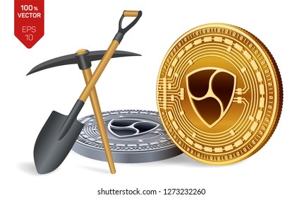Nem mining concept. 3D isometric Physical bit coin with pickaxe and shovel. Digital currency. Cryptocurrency. Golden and silver Nem coins isolated on white background. Vector illustration.
