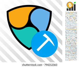 Nem Mining Hammer icon with 700 bonus bitcoin mining and blockchain pictograms. Vector illustration style is flat iconic symbols design for cryptocurrency apps.