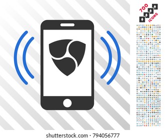Nem Mobile Banking pictograph with 7 hundred bonus bitcoin mining and blockchain symbols. Vector illustration style is flat iconic symbols design for crypto-currency software.