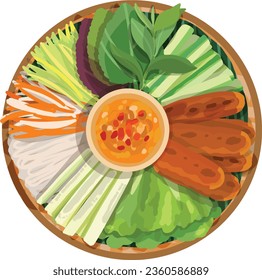 Nem Nuong Vietnamese Grilled Pork Sausage. Top View Vietnamese Food Illustration Vector. 