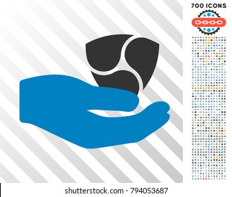 Nem Offer Hand icon with 7 hundred bonus bitcoin mining and blockchain clip art. Vector illustration style is flat iconic symbols design for cryptocurrency websites.