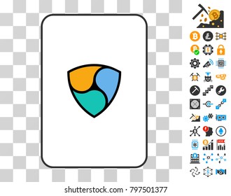 Nem playing card pictograph with additional bitcoin mining and blockchain pictographs. Flat vector pictures for crypto currency apps.