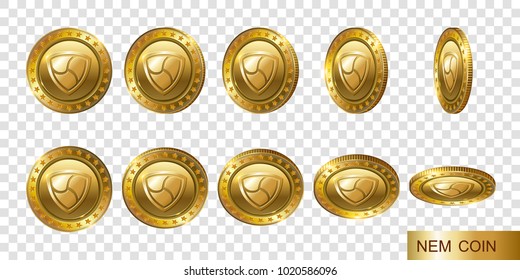 Nem. Set of realistic 3d gold crypto coins. Flip Different Angles.
Cash money symbol. Finance Investment Concept of Money.  
Logo, icon, isolated on transparent background. 
Flat style. Vector