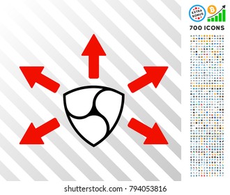 Nem Spend Arrows icon with 700 bonus bitcoin mining and blockchain pictograms. Vector illustration style is flat iconic symbols design for crypto currency websites.