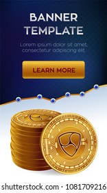 Nem. Stack of golden coins with Nem symbol. Cryptocurrency editable banner template. 3D isometric Physical golden coins. Crypto currency. Stock vector illustration.