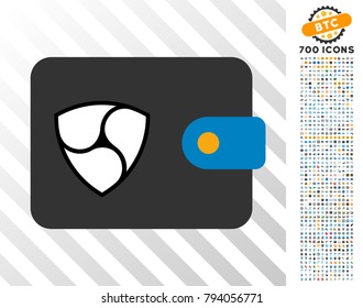 Nem Wallet pictograph with 7 hundred bonus bitcoin mining and blockchain pictures. Vector illustration style is flat iconic symbols design for blockchain software.