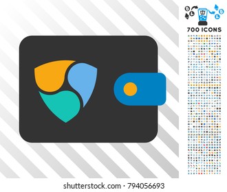 Nem Wallet pictograph with 700 bonus bitcoin mining and blockchain pictographs. Vector illustration style is flat iconic symbols design for crypto-currency apps.