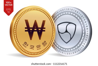 Nem. Won. 3D isometric Physical coins. Digital currency. Korea Won coin. Cryptocurrency. Golden and silver coins with Nem and Won symbol isolated on white background. Vector illustration.