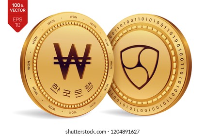 Nem. Won. 3D isometric Physical coins. Digital currency. Korea Won coin with the text in Korean Bank of Korea. Cryptocurrency. Golden coins with Nem and Won symbol on white background. Vector.