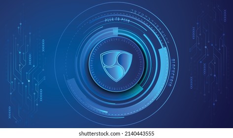 Nem (XEM) block chain crypto currency digital encryption, virtual money exchange. Technology global network vector illustration background and banner design template. Futuristic web trading