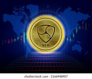 Moneda NEM (XEM). Ilustración vectorial 3D. Cryptocurrency blockchain (divisa criptográfica) Futura tecnología de reemplazo digital. El gráfico plateado de crecimiento virtual de la moneda es un antecedente.