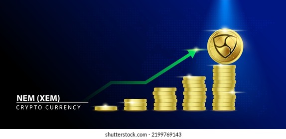 NEM (XEM) Coin crypto on blue background. Stablecoin blockchain token price increase from pile of gold coins.There is space to enter message. Nice for cryptocurrency digital money concept.