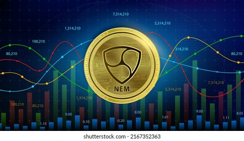 NEM (XEM)  coin Cryptocurrency blockchain. Future digital currency replacement technology alternative currency, Silver golden stock chart number up down is background. 3D Vector illustration.